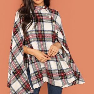 Red plaid cape coat with gold buttons NWOT